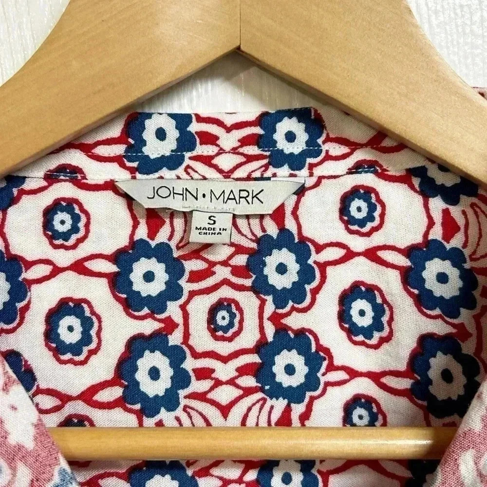 John Mark Women's Floral Red White Blue Top Boho Tunic 3/4 Sleeve Sz S NWT - Picture 4 of 10